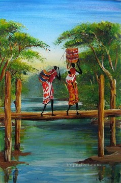 Afriqueines sur le pont à simple planche Peinture à l'huile